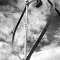 A Sandia team completes installation in the late 1980s of a vertical axis wind turbine test platform in Bushland, Texas