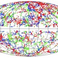 A plot of the location in the sky of galaxies between about 280-420 million light-years of Earth