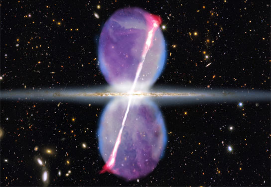 Newly discovered gamma-ray jets extend for 27,000 light-years above and below the galactic plane