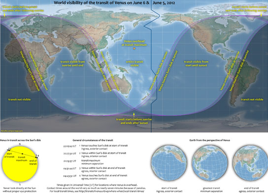 World visibility map for June 5-6, 2012 Venus Transit