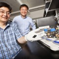 a strip of carbon that contains the novel nanorod catalyst material they developed for microbial fuel cells