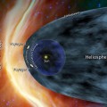 artist's concept shows NASA's two Voyager spacecraft exploring a turbulent region of space known as the heliosheath