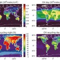 world map of the modelled hydroxyl recycling efficiency during daytime