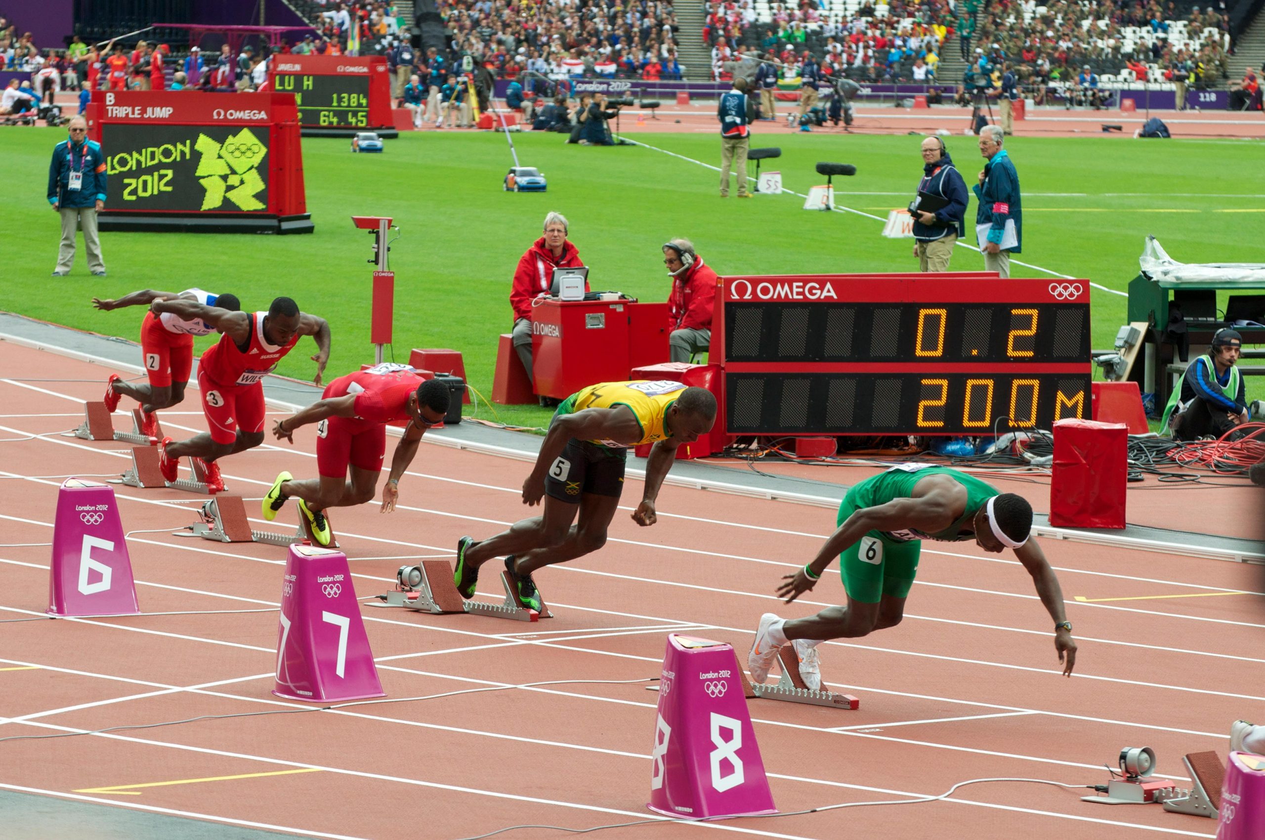 In the 200-meter sprint, where racers have a staggered start and go around ...