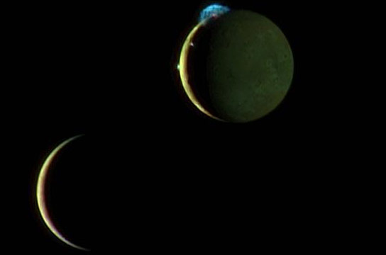 A Composite Image of Io and Europa Taken with the New Horizons Spacecraft