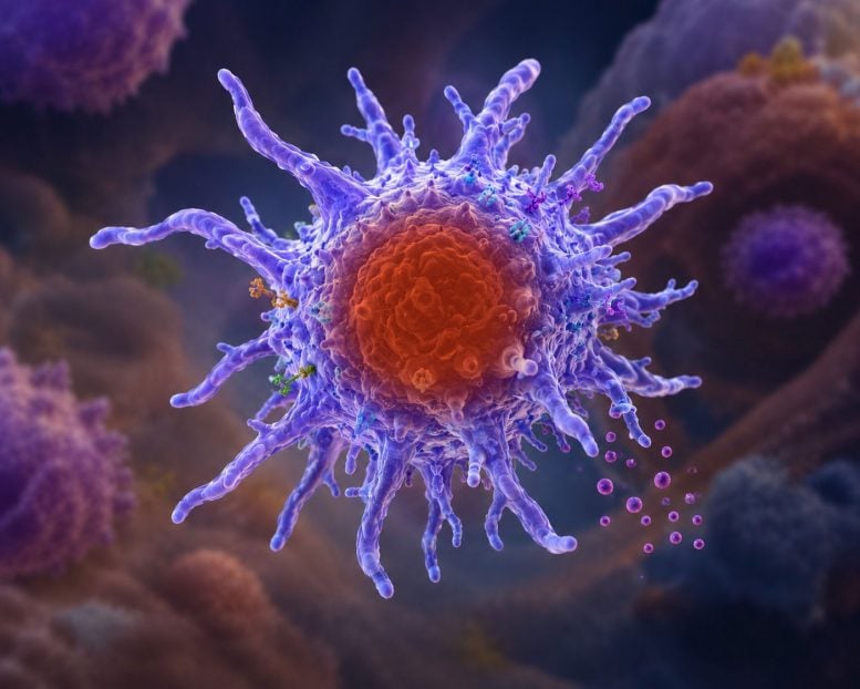 AI Rendered 3D Representation of Activated Dendritic Cell With a Coral Coloured Nucleus