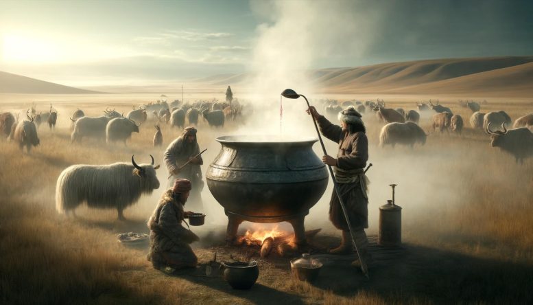 Anicent Mongolians With Cauldron