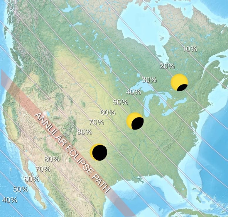 Pfad der ringförmigen Sonnenfinsternis, Oktober 2023, USA-Karte