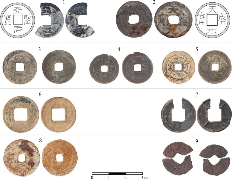 Archeological Assemblage of Nine Recovered Coins, Obverse and Reverse