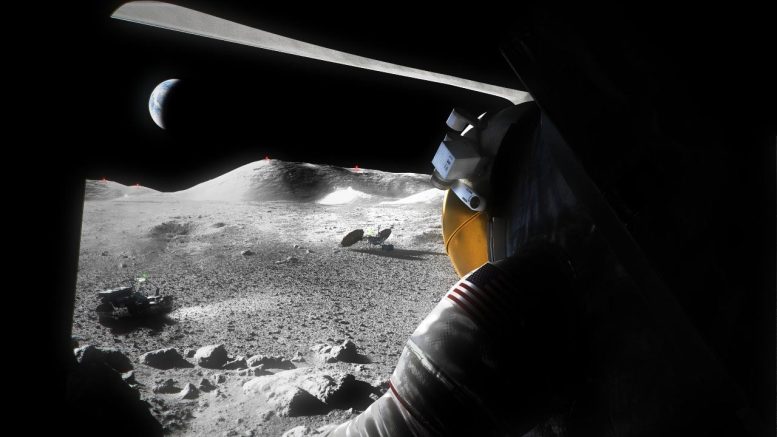 Astronavti Artemis, ki gledajo iz lopute Luninega pristajališča