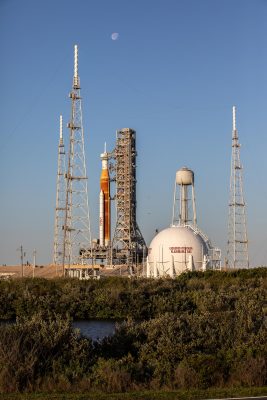 Artemis I Moon Rocket at Launch Pad 39B - Moon Visible