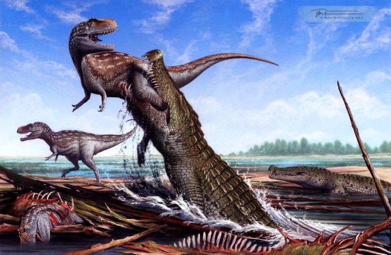 Artist Rendering of Deinosuchus Schwimmeri Attacking Dinosaur