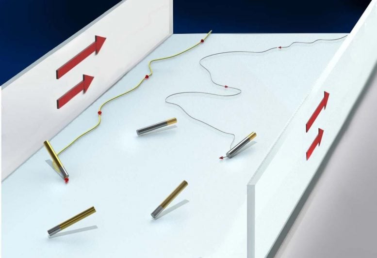 Artist's Rendering of Nano-Motors Moving Against a Current