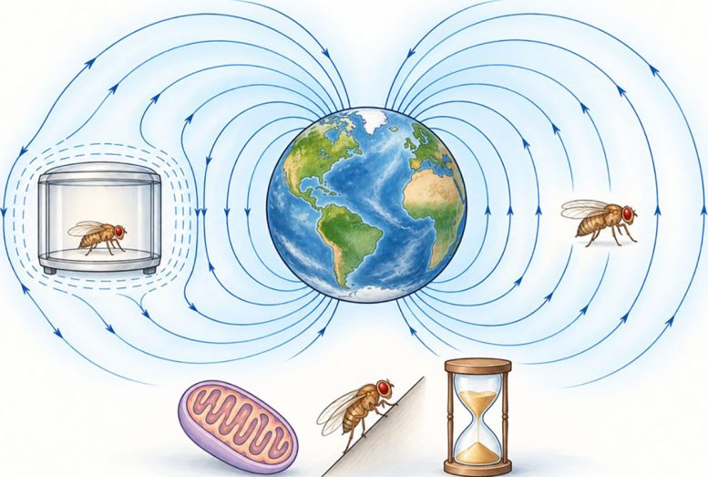 Artistic Illustration of Fruit Flies in Earth’s Magnetic Field