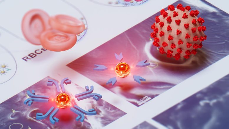 Artistic Illustration of Gold Nanoparticles Detecting Disease Proteins