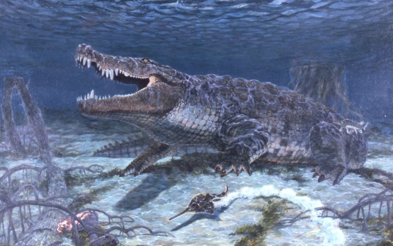 Artistic Rendering of Deinosuchus Schwimmeri Swimming Underwater