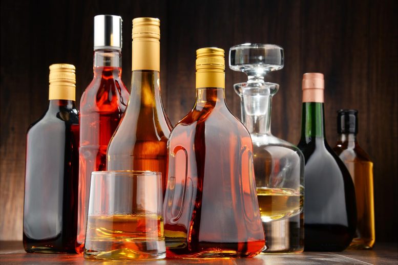 Garrafas variadas de licor de álcool