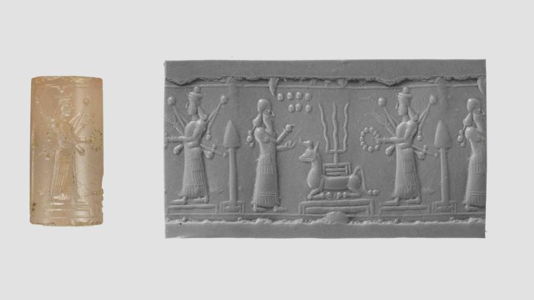 Assyrian Cylinder Seal Inscribed With a Cultic Scene
