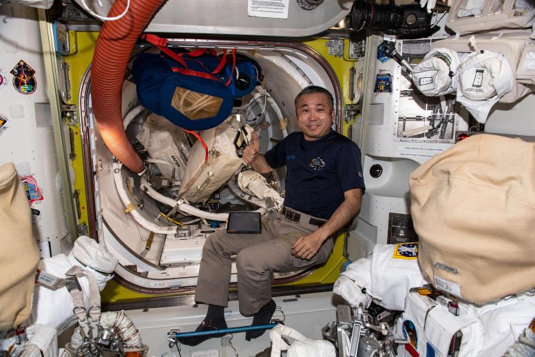Astronaut Koichi Wakata Organizes Spacewalk Tools in Quest Airlock