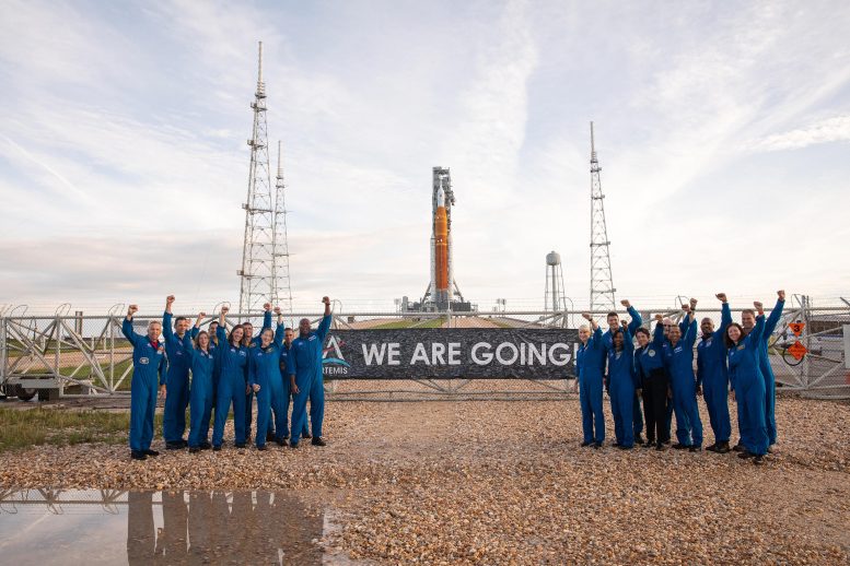 Astronauts Pose Artemis I Space Launch System