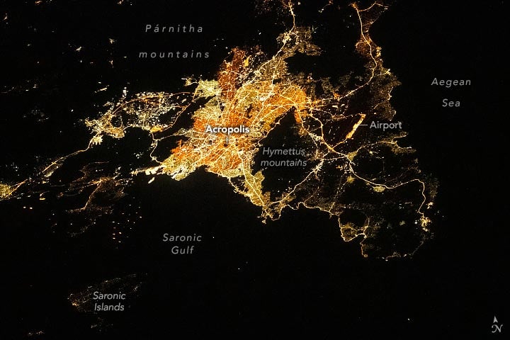 Athens Night Lights From ISS Annotated