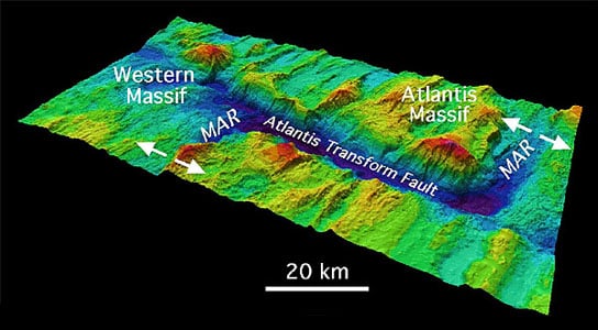 Atlantis Massif, showing the fault that borders this Atlantic Ocean seamount