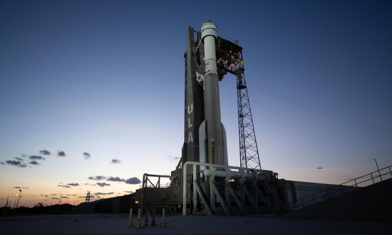 Atlas V Rocket With Boeing CST-100 Starliner Spacecraft Aboard on Launch Pad at Sunset