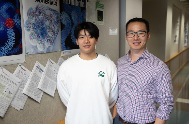 Baiqiang Huang (left), a Ph.D.student​ in the Department‍ of Materials Science and ⁣Engineering at the University of Virginia,⁢ with UVA assistant professor Liheng Cai. Credit: matt ‍Cosner, university of Virginia school of Engineering and Applied Science