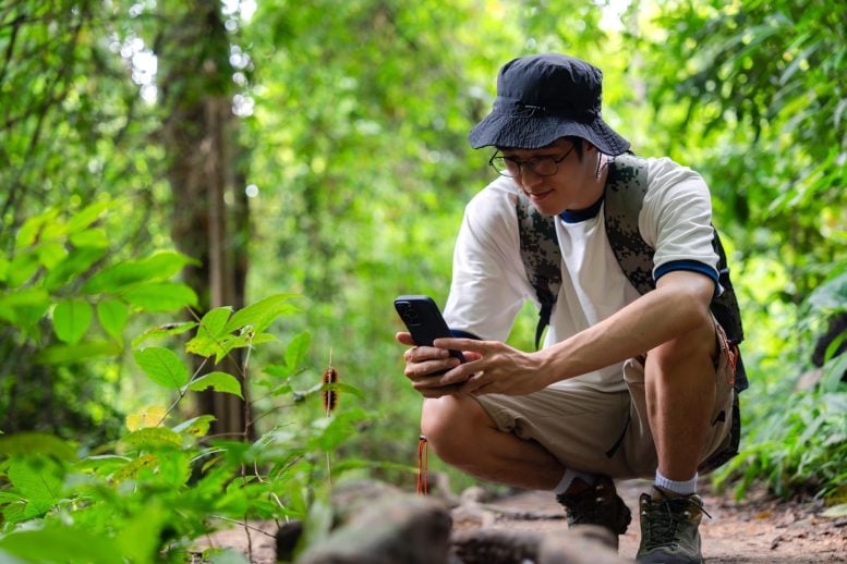 Biologist Photographing Rare Plants Tropical Forest Smartphone
