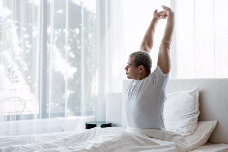 Bright Sunny Morning Man Waking Up Refreshed Energized Stretching