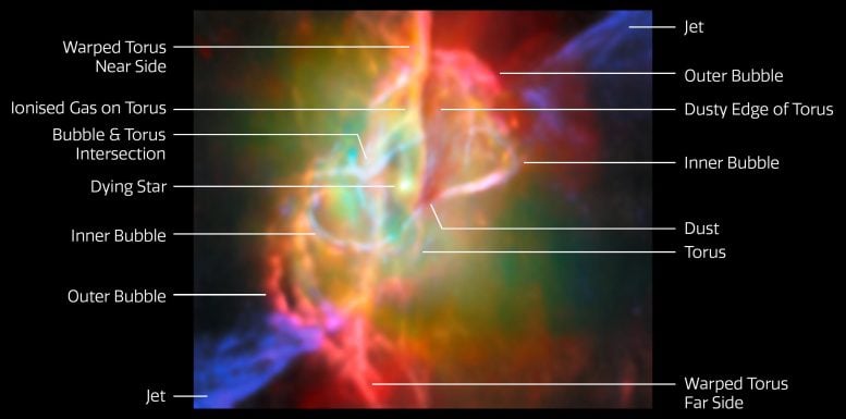 Butterfly Nebula NGC 6302 (Webb a Alma) anotovaná