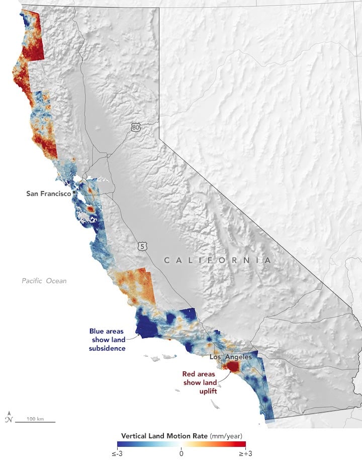 California Coast Vertical Land Motion Rate 2007 2018 Annotated