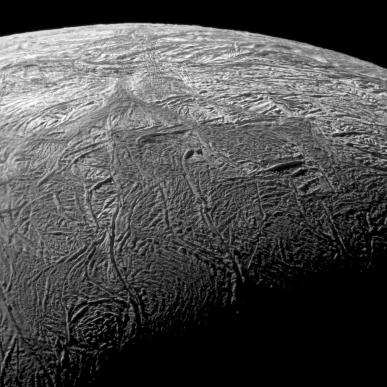 Close Up View of the Fractures on Enceladus