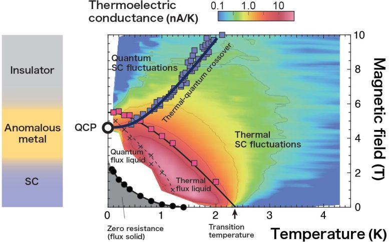 Kleurenkaart van het thermo-elektrische signaal dat fluctuaties in supergeleiding vastlegt