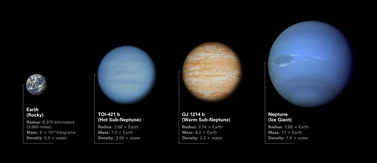 Comparaison de TOI-421 b et GJ 1214 b avec la Terre et Neptune