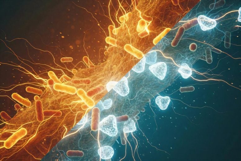 Computer Rendered Split Image of Bacteria on a Tooth Surface