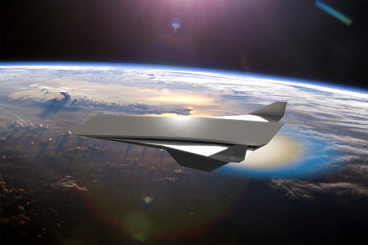 A conceptual hypersonic aircraft, powered by an oblique detonation wave engine, is pictured. Background image credit: NASA. Aircraft and composite ima