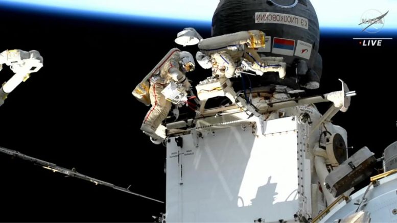Cosmonauts Sergey Prokopyev and Dmitri Petelin Work Outside Rassvet Module