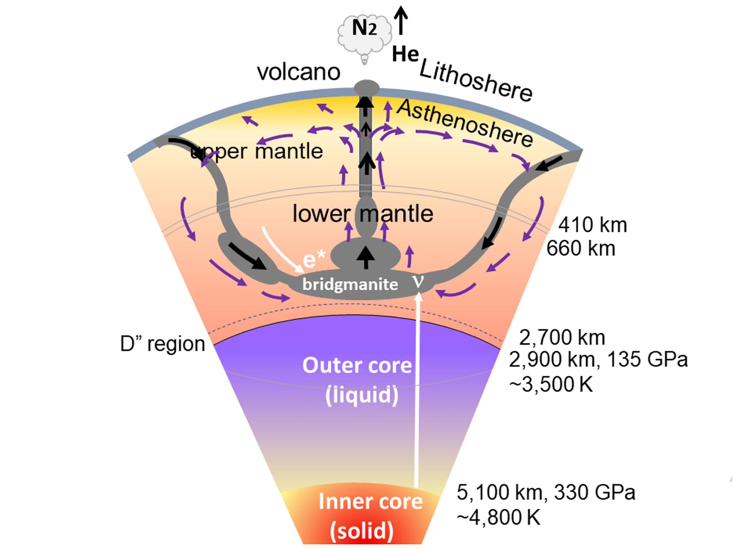 Cross-section of the Earth’s interior: crust, upper- and lower-mantle, and outer- and inner-cores. Credit: Mikio Fukuhara, Alexander Yoshino, an