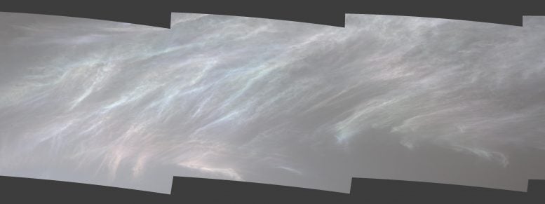The beautiful iridescent clouds, famously called "Mother of Pearl". These were spotted on March 5, 2021 although this is only a cropped part of the entire wide panorama. Credit: NASA/JPL-Caltech/MSSS