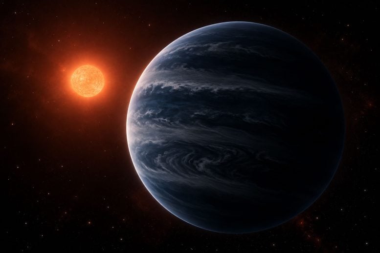 Dark Neptune Sized Exoplanet Glows Beside a Red Dwarf