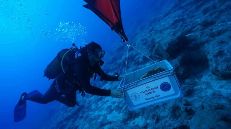 Diver Transports Material From Underwater Archaeological Site