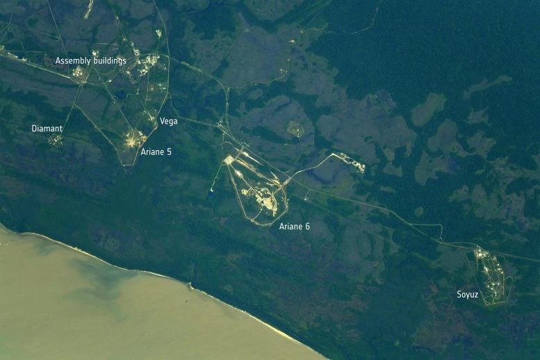 Europe’s Spaceport Seen From Space Annotated