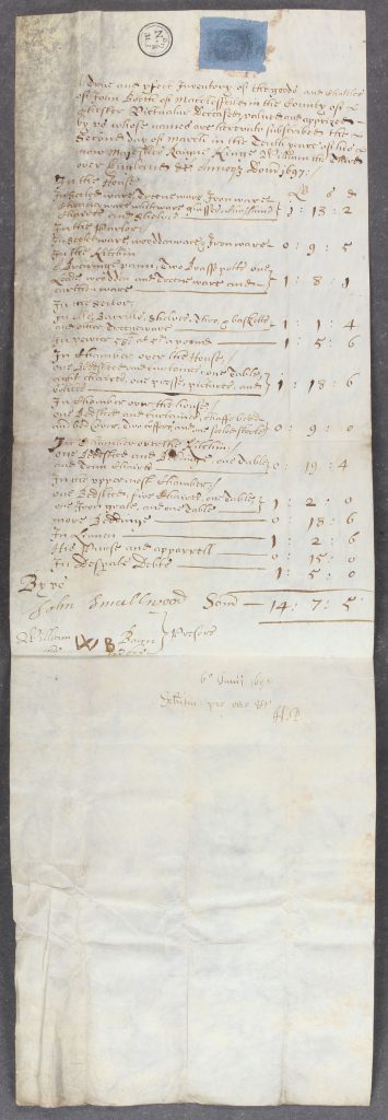דוגמה של מצאי צוואה מאנגליה בסוף המאה ה-17