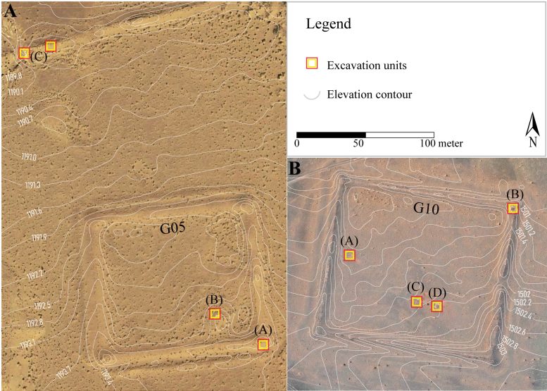 Excavation Unit Maps of G05 and G10 Fort Sites Showing Elevation Contours and Surveyed Trenches in the Mongolian Desert