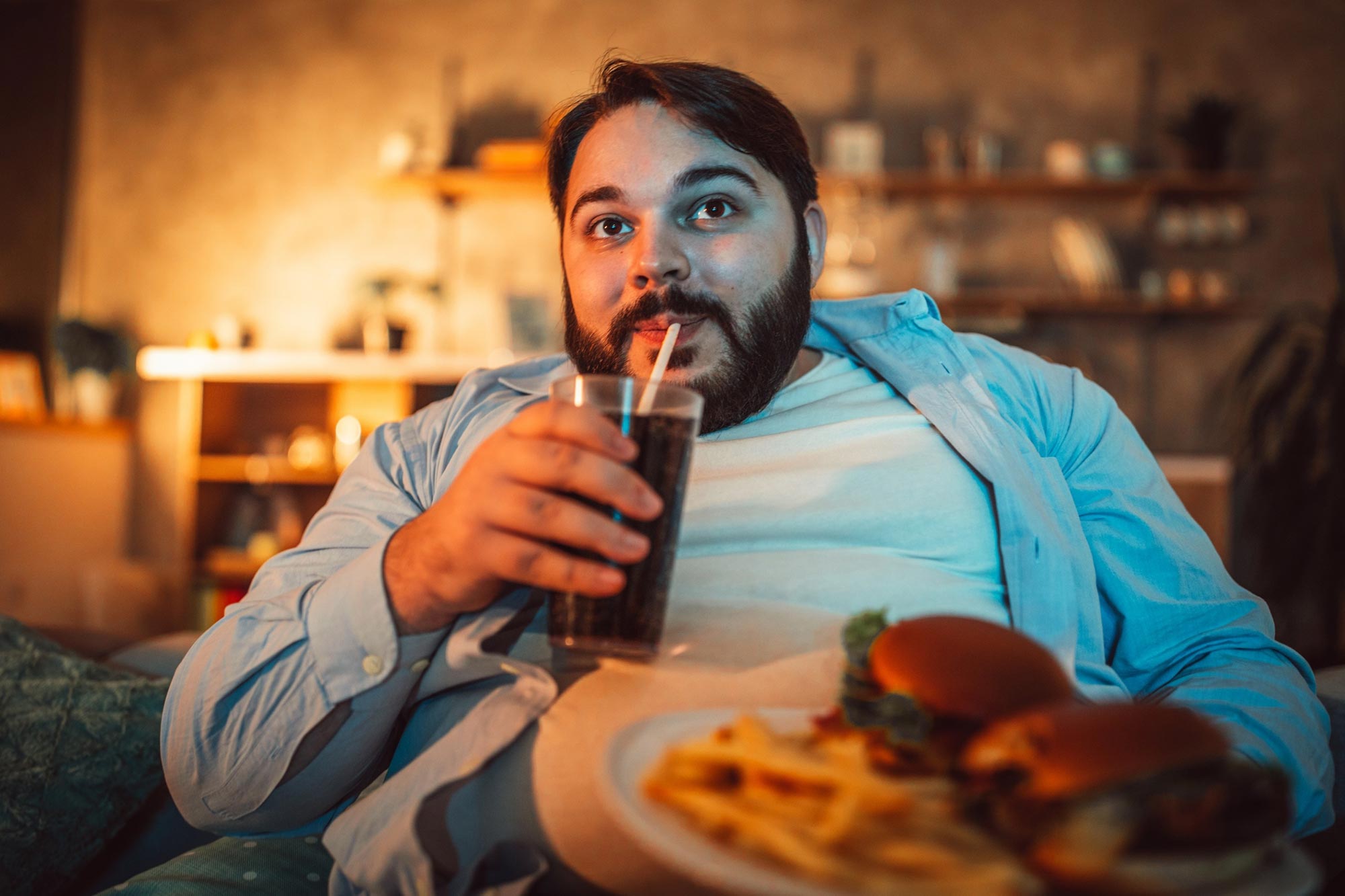 Fat Man Eating Fast Food
