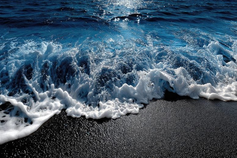 Foamy Ocean Waves Crash Dark Sand Beach