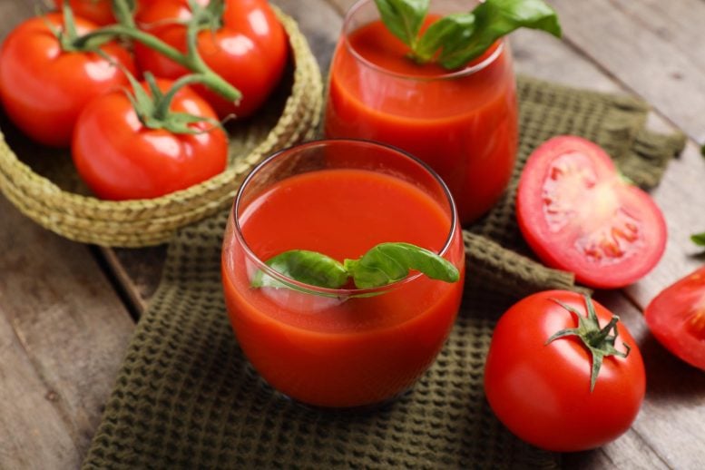 Fresh Tomato Juice With Basil Glasses