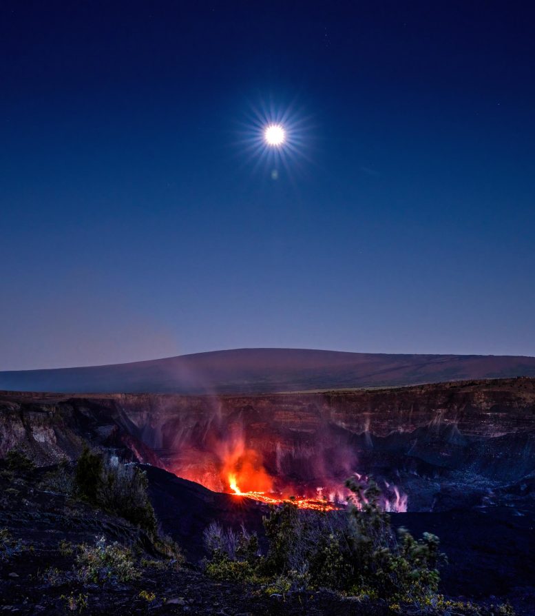 Full Moon Rises Over an Active Caldera in Hawaii Volcanoes National Park