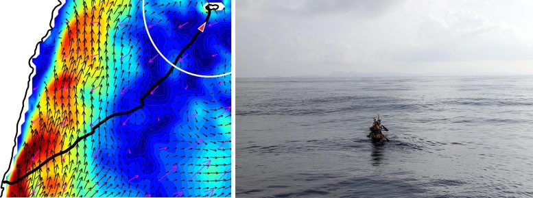 GPS Route and Ocean Current Map Alongside Canoe Team at Sea